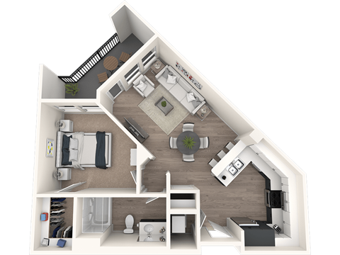 A 3D floor plan of a house showing a kitchen, living room, and two bedrooms.